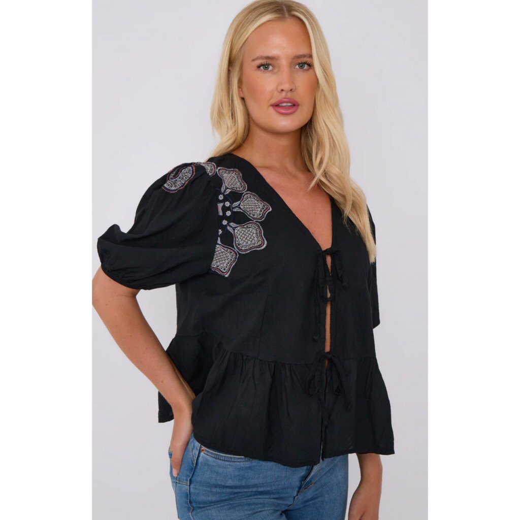 Daisy Anglaise Embroidered Top - Black