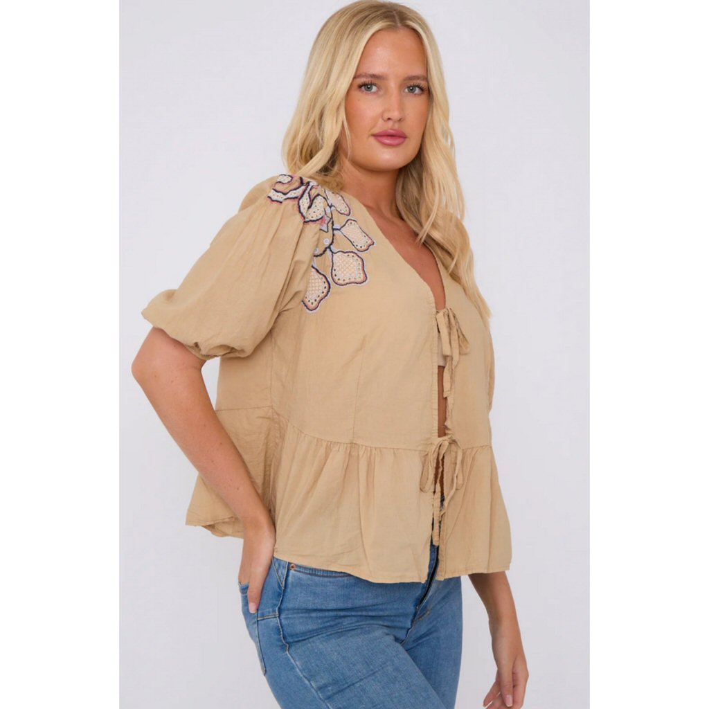 Daisy Anglaise Embroidered Top - Camel