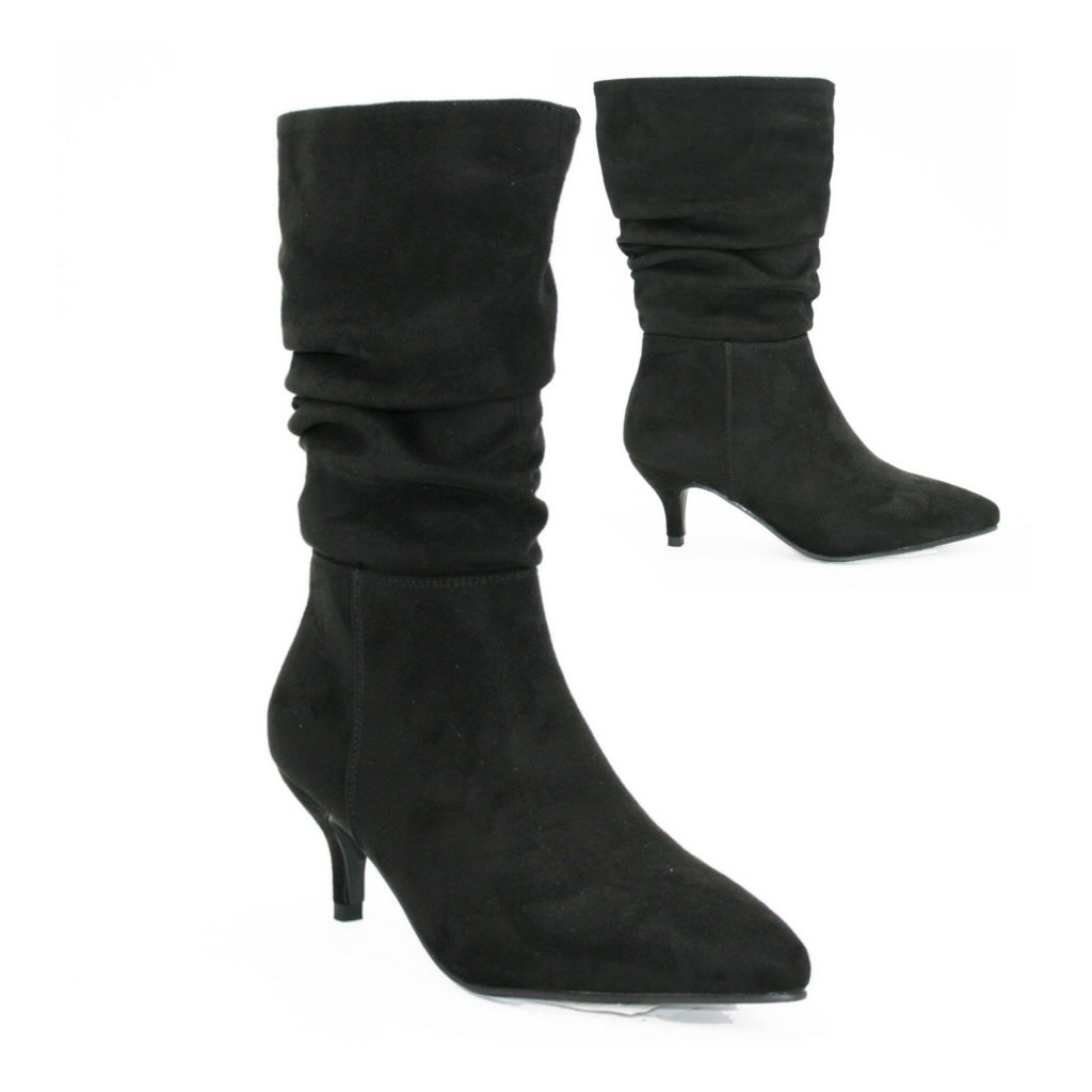 Sonya Rouched Kitten Heel Boots - Black